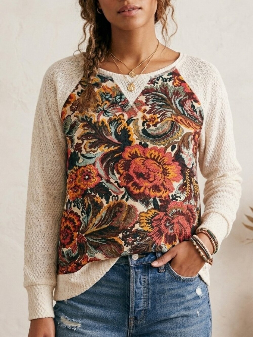 Sz S Miss Me Boho Y2K Embellished Floral Lace Women's Knit Top Sweater